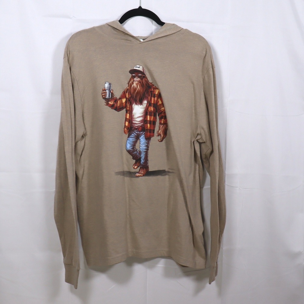 Pacific Bigfoot Hooded Tee L Tan Mens Graphic Sasquatch Beer Hoodie